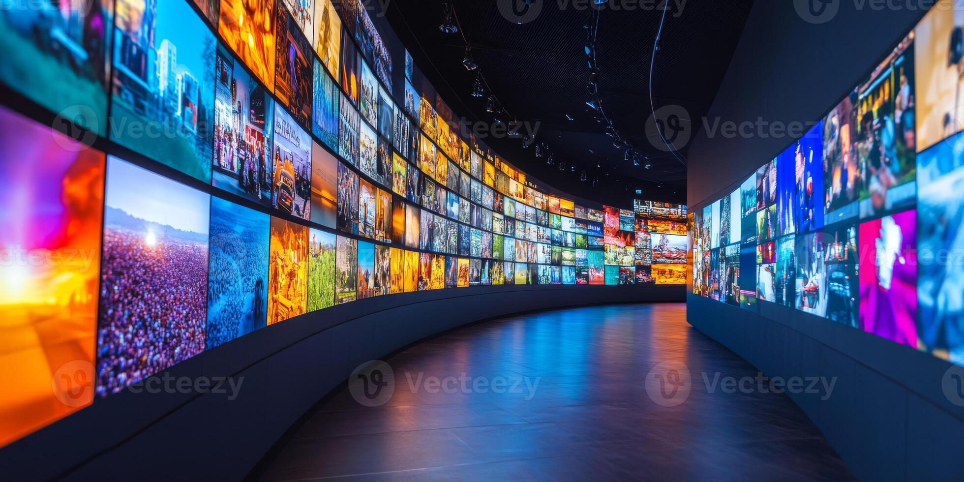 Imagine a vibrant multimedia streaming wall with captivating images that create immersive backgrounds, continuously engaging and impressing viewers with their extraordinary appeal photo