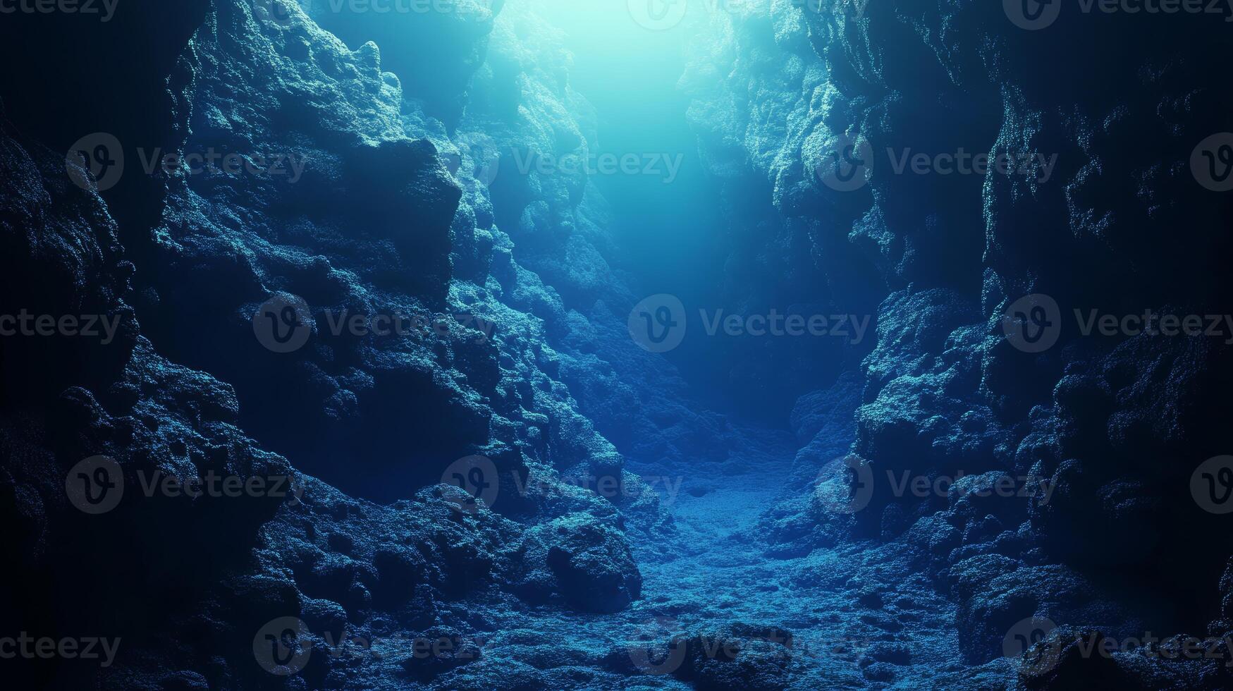 A serene and tranquil underwater cave scene beautifully illuminated by gentle and warm rays of sunlight photo
