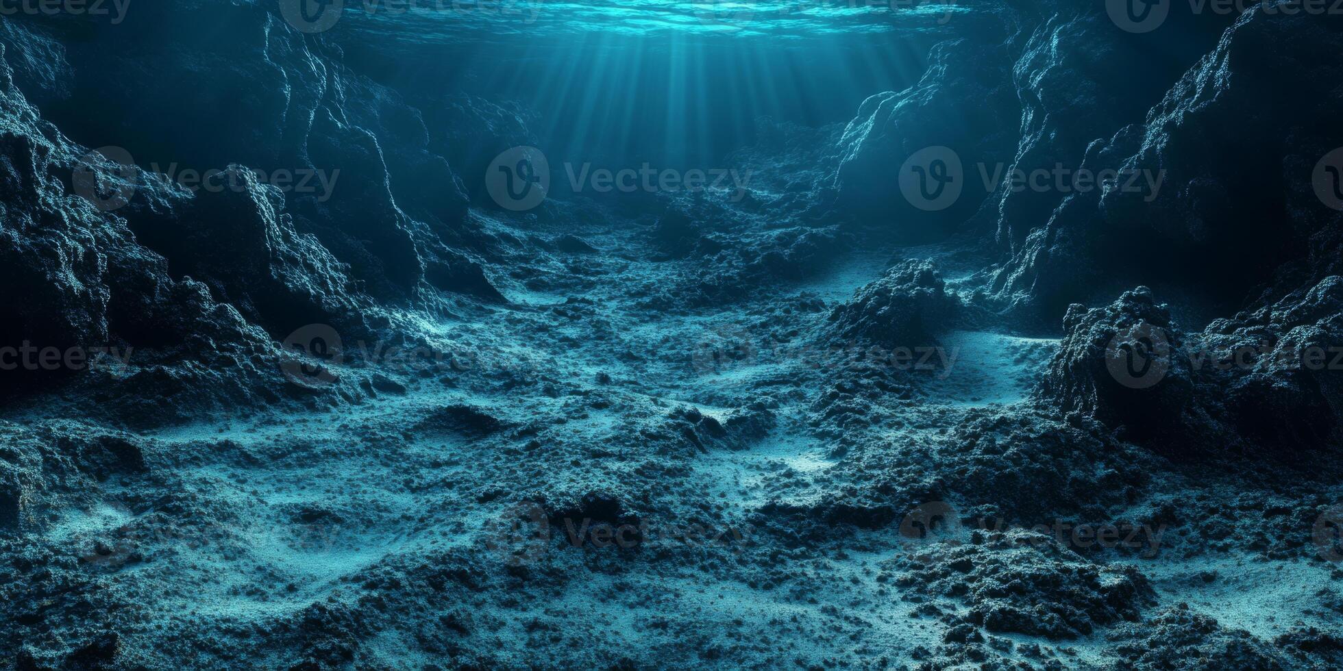 An enchanting and mesmerizing underwater scene showcasing a rocky seabed brilliantly illuminated by warm sunlight photo