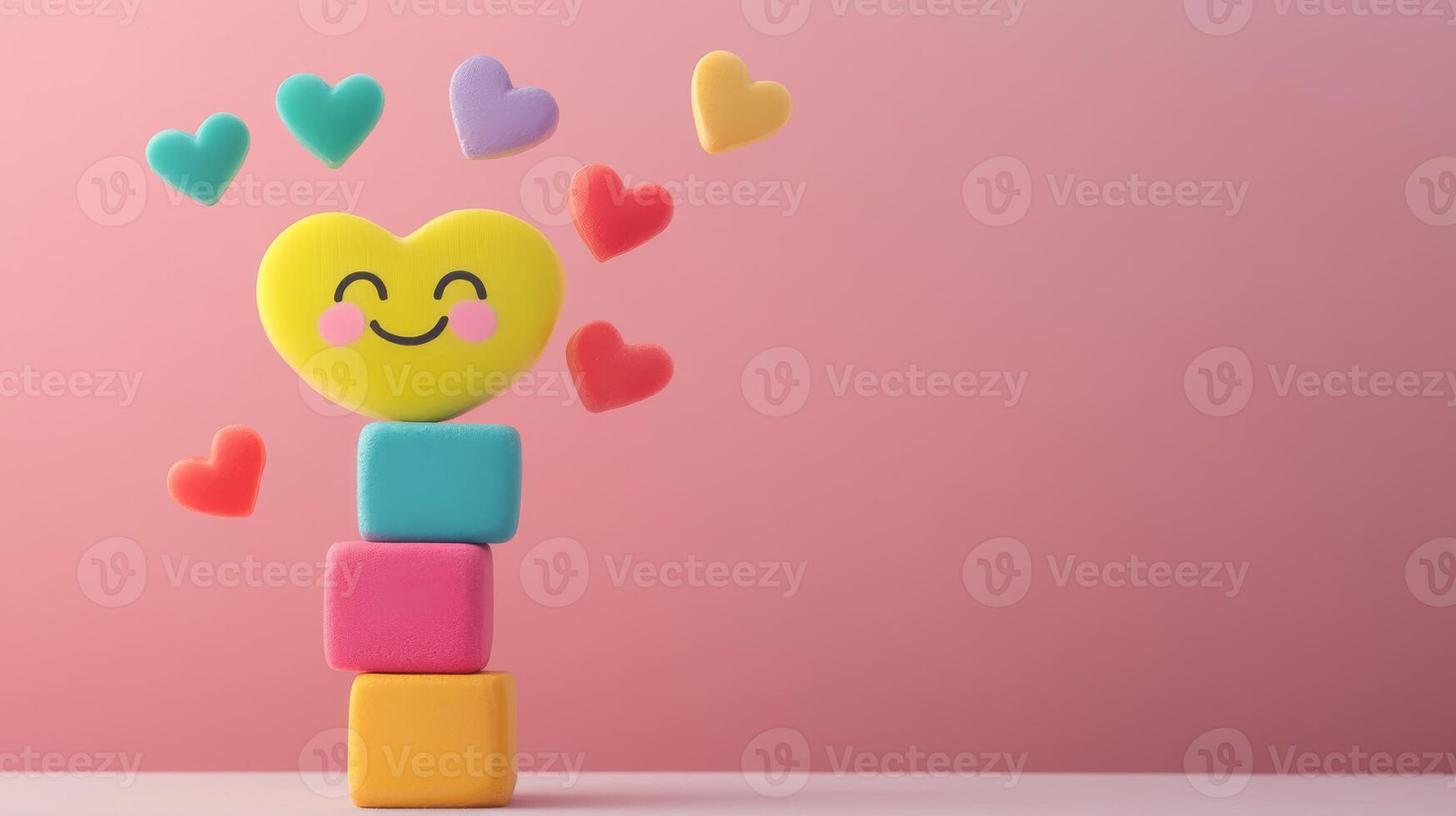 Colorful stacked blocks and a cheerful heart symbolize positive emotions, promoting childrens mental health by fostering joy, reducing stress, and enhancing overall wellbeing and happiness photo