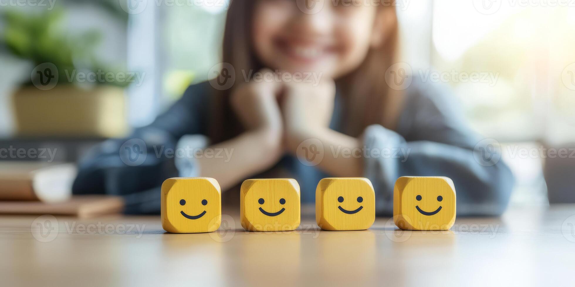 This image highlights the importance of mental health through a joyful child playing with colorful smiley face cubes, representing the happiness found in carefree activities that enrich childhood photo
