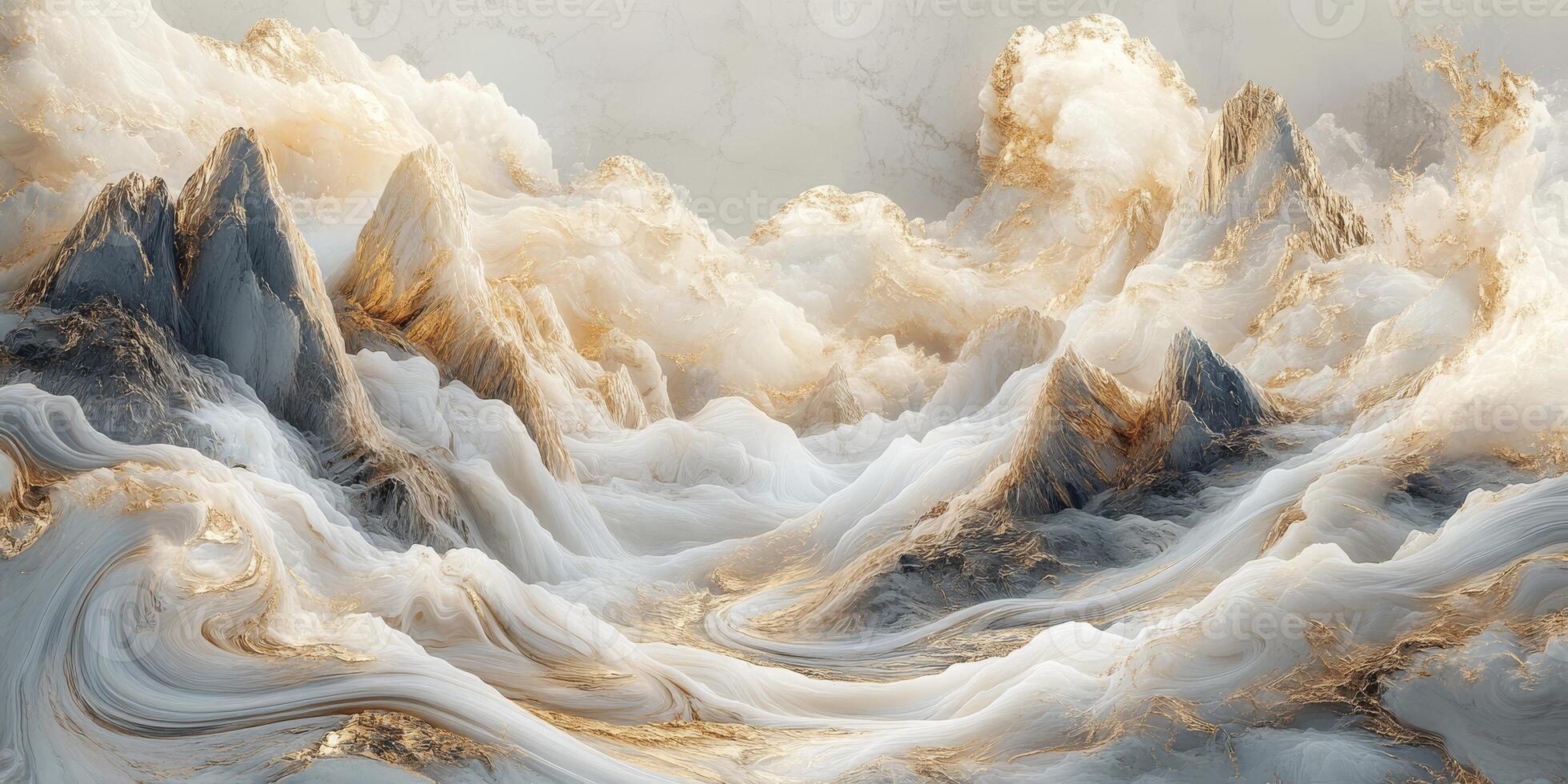 In this enchanting fantasy landscape, towering mountains rise high into the atmosphere, surrounded by swirling clouds under a colorful sky, evoking a sense of wonder and adventure photo