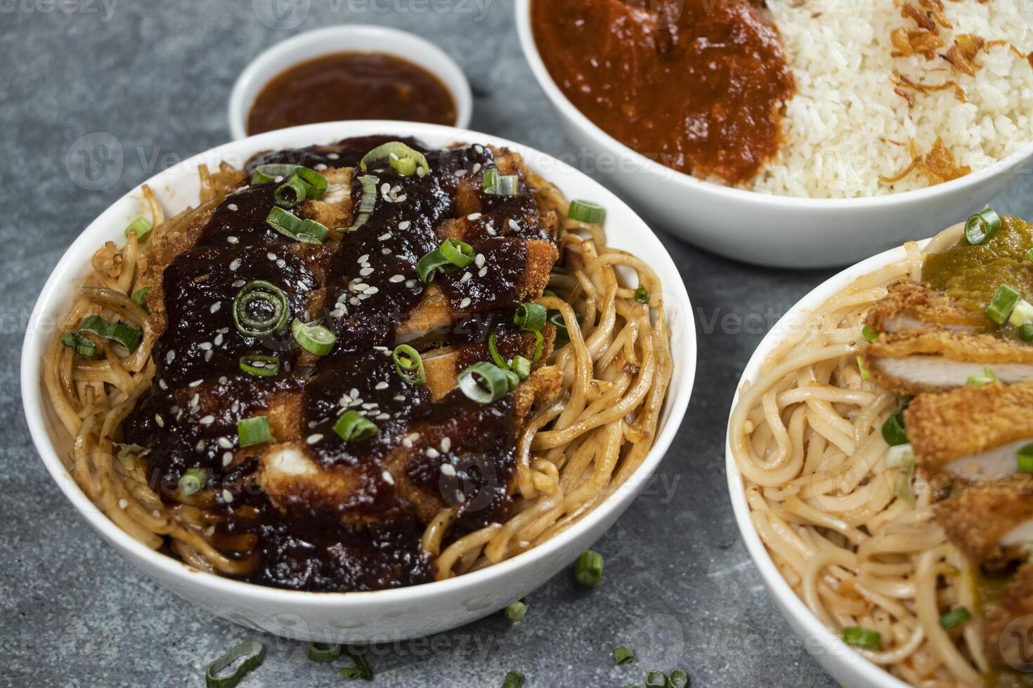 Teriyaki Grilled Chicken Noodles, Katsu Chicken Noodle, Butter Chicken with Rice served in bowl isolated on grey background side view of assorted japanese food verity assortment photo