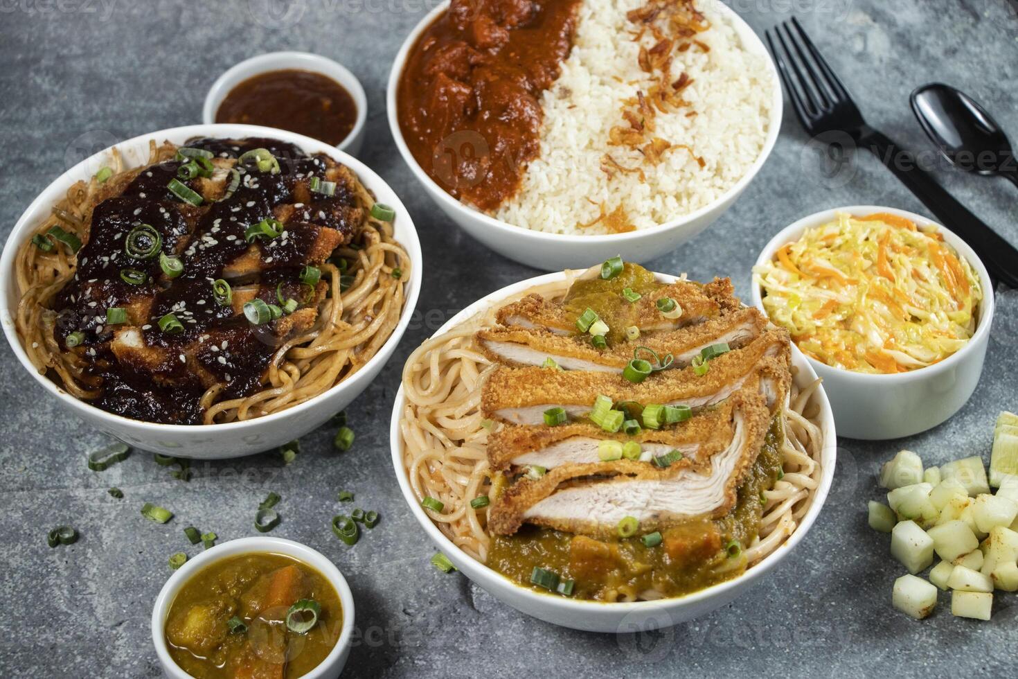 Teriyaki Grilled Chicken Noodles, Katsu Chicken Noodle, Butter Chicken with Rice served in bowl isolated on grey background side view of assorted japanese food verity photo