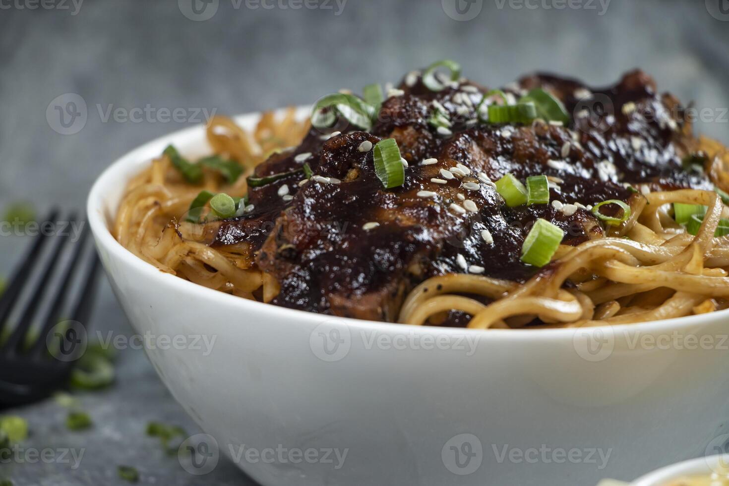 Teriyaki Grilled Chicken Noodles with green onion served in bowl isolated on grey background closeup side view of asian food photo