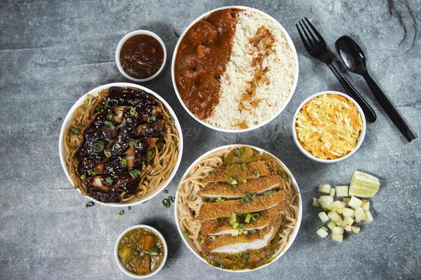 Teriyaki Grilled Chicken Noodles, Katsu Chicken Noodle, Butter Chicken with Rice served in bowl isolated on grey background top view of assorted japanese food verity assortment photo