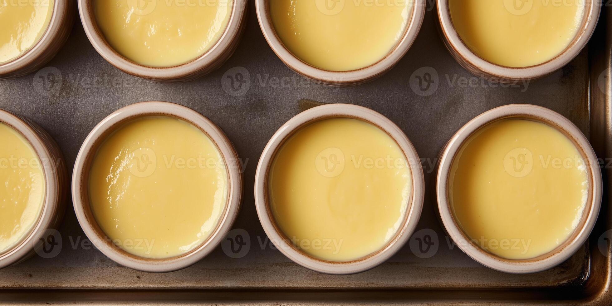 Vanilla custard in ramekins on a baking sheet with water photo