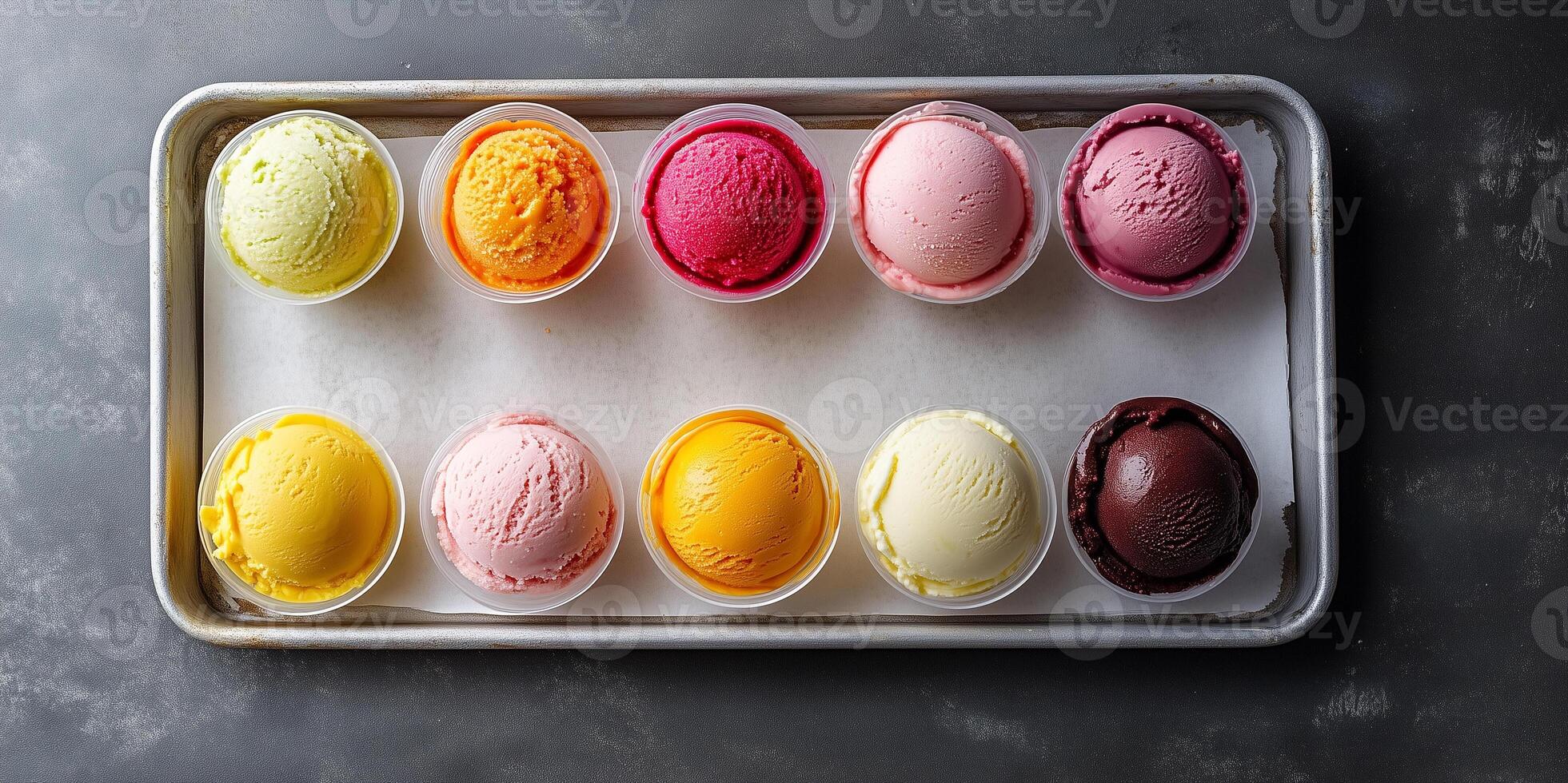 Sorbet flight with multiple flavors in small cups on tray photo