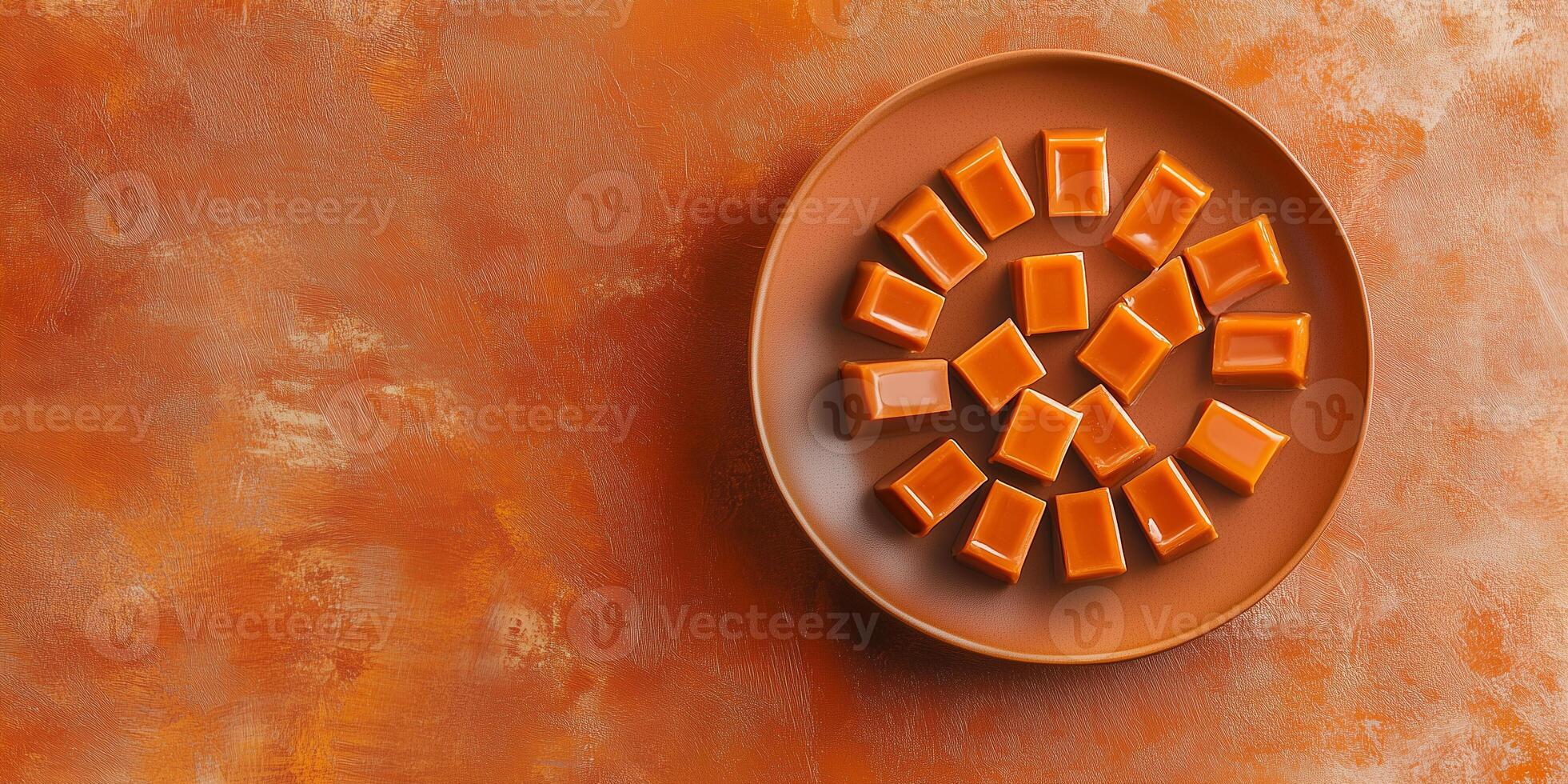 Overhead view of caramel chews forming a sunburst design on plate photo