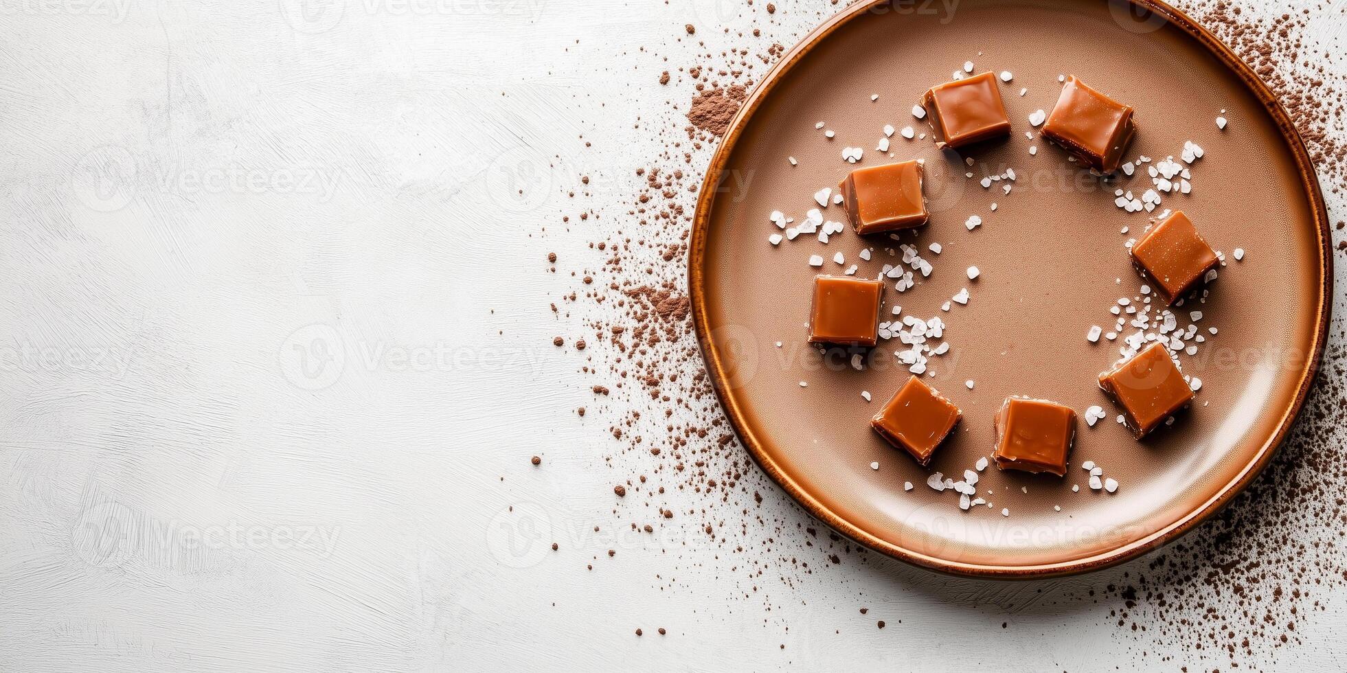 Sea salt caramel confections used to create a border around empty plate photo