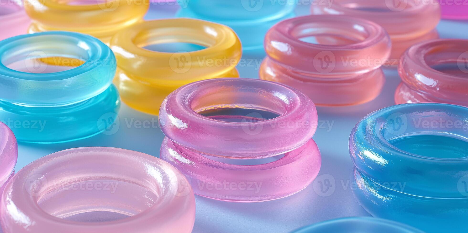 Translucent confectionery pieces shaped like rings stacked in rows on a plain surface photo