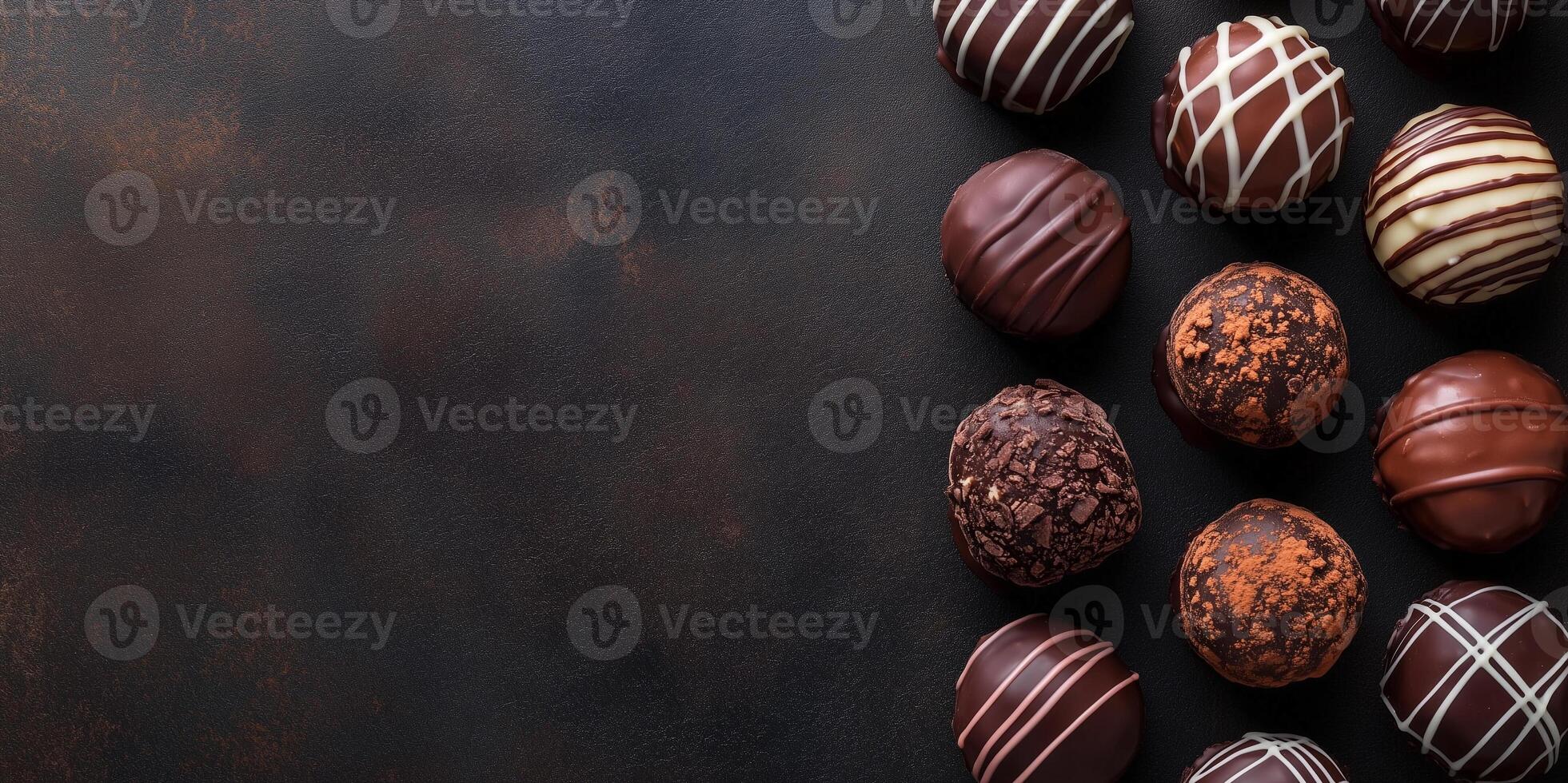 Several ganache-based truffles placed vertically along the right side, creating a visual line towards the center photo