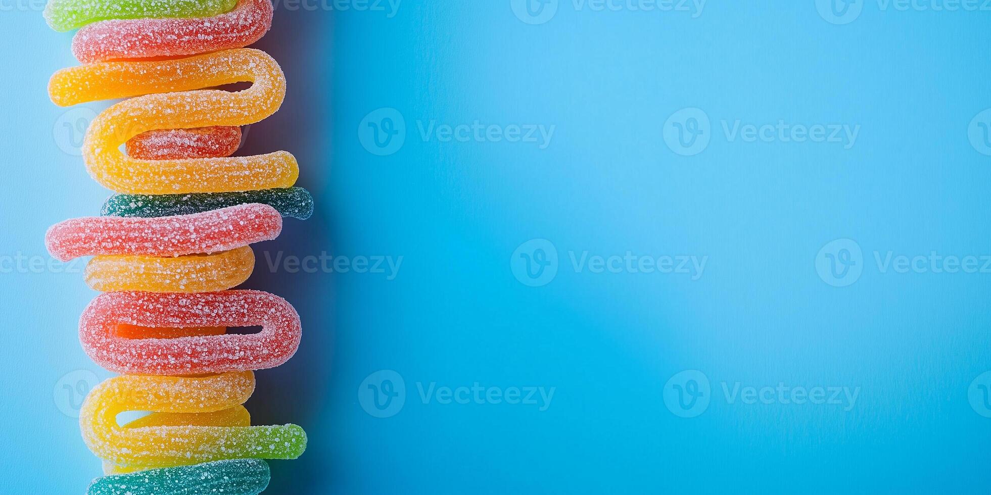 Multiple worm-form candies stacked vertically to create a tower structure photo