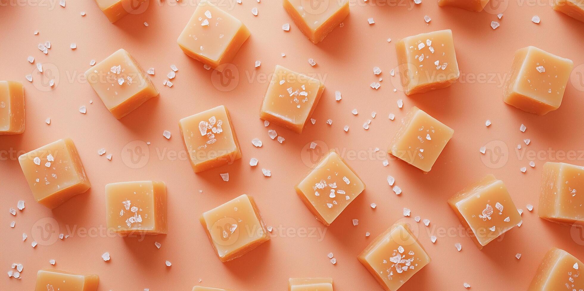 Overhead view of sea salt caramels scattered across a textured background photo