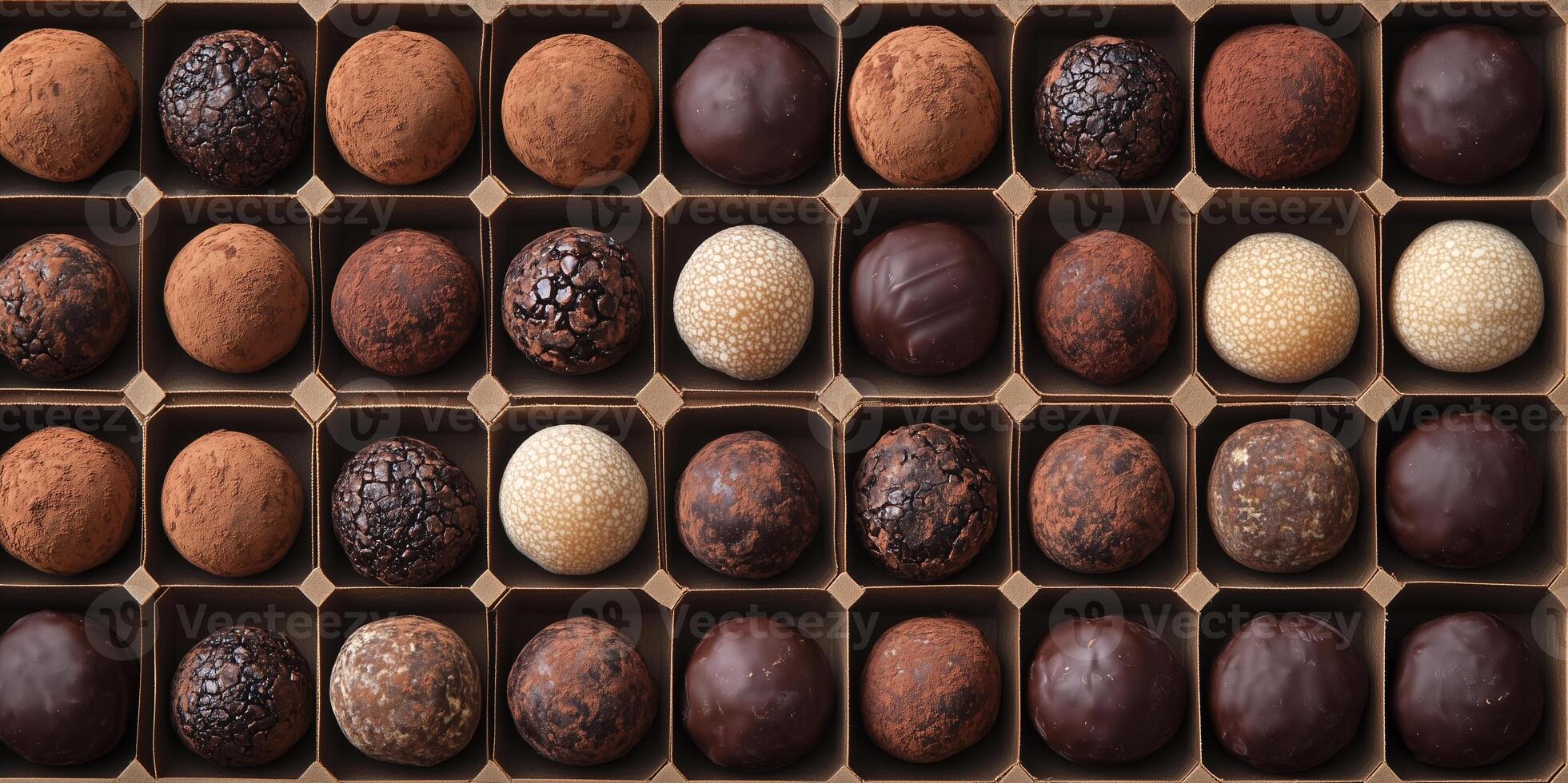 Truffles arranged in rows inside a cardboard box with dividers photo