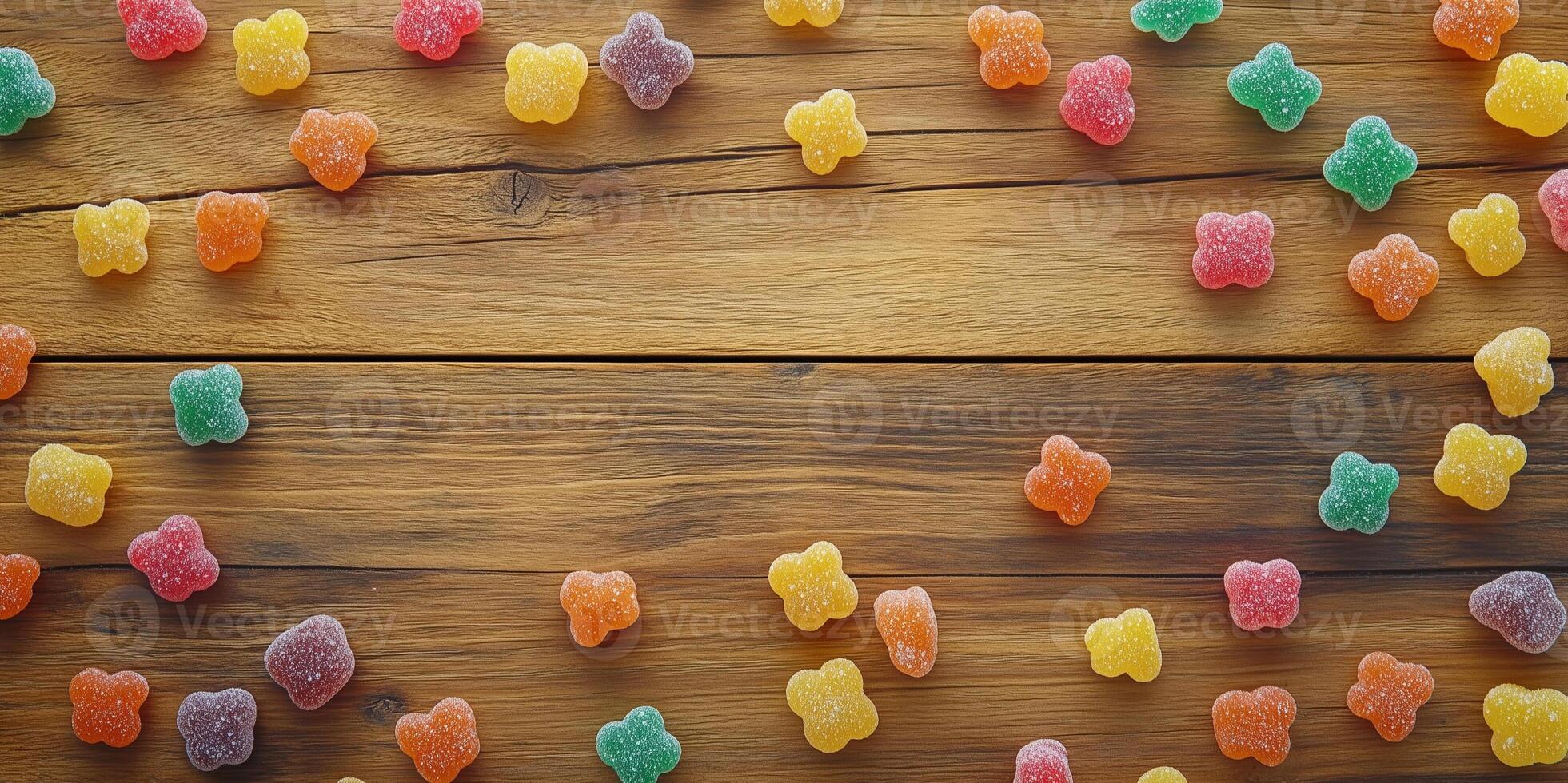 Overhead view of bear-shaped candies scattered on a wooden tabletop photo