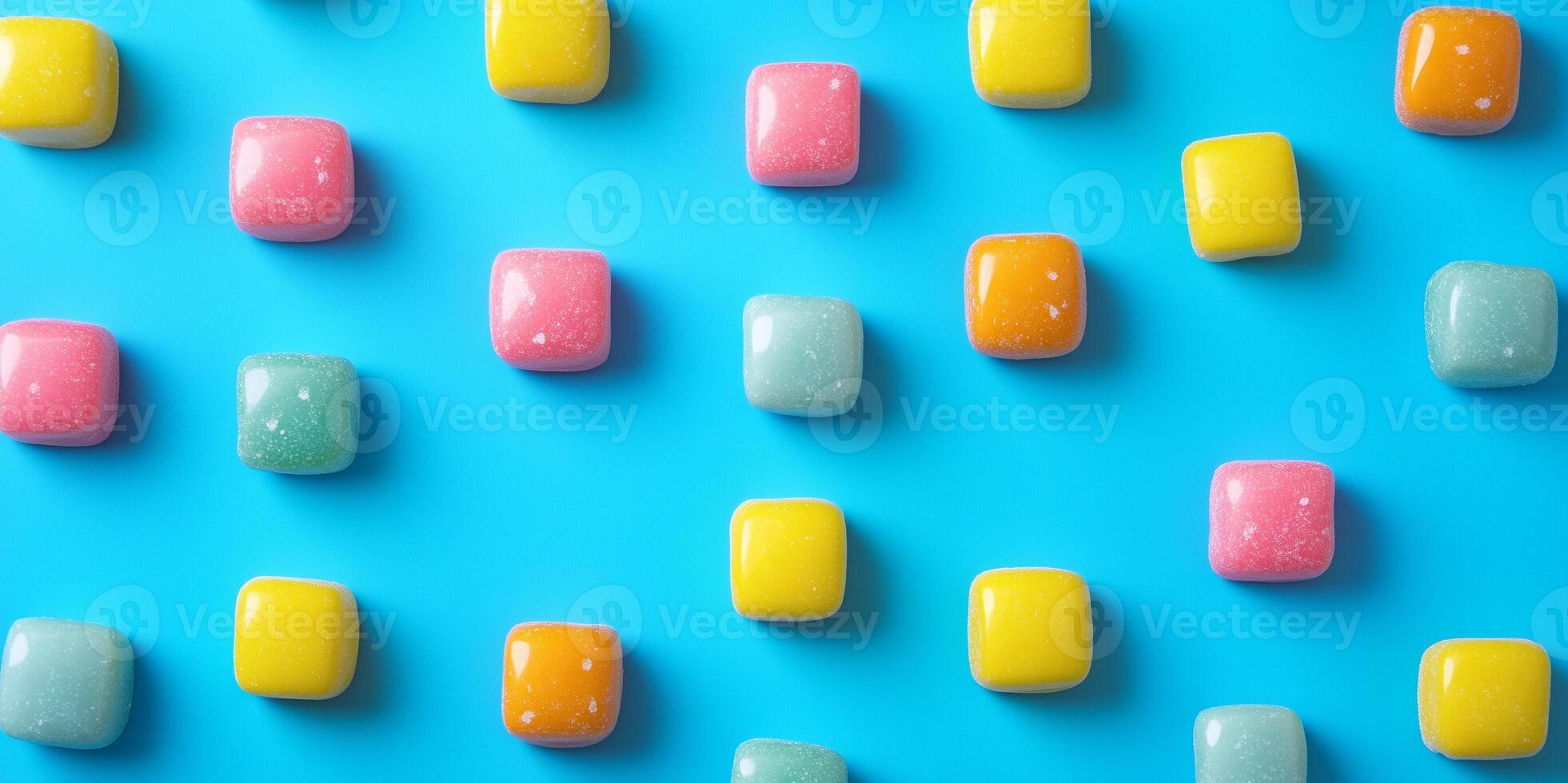 Small bite-sized candy pieces arranged in a grid pattern on surface photo