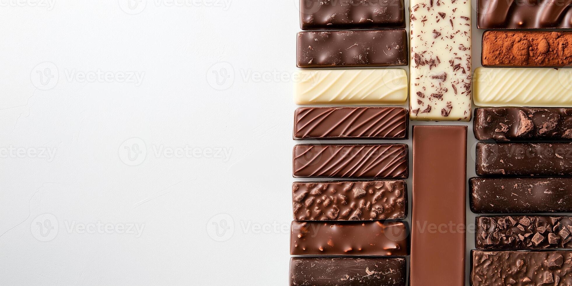 Several chocolate bars placed vertically on the right, showcasing unique shapes and textures photo