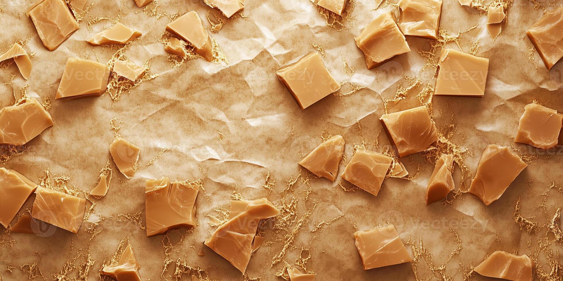 Pieces of toffee on parchment paper with cracks on surface photo