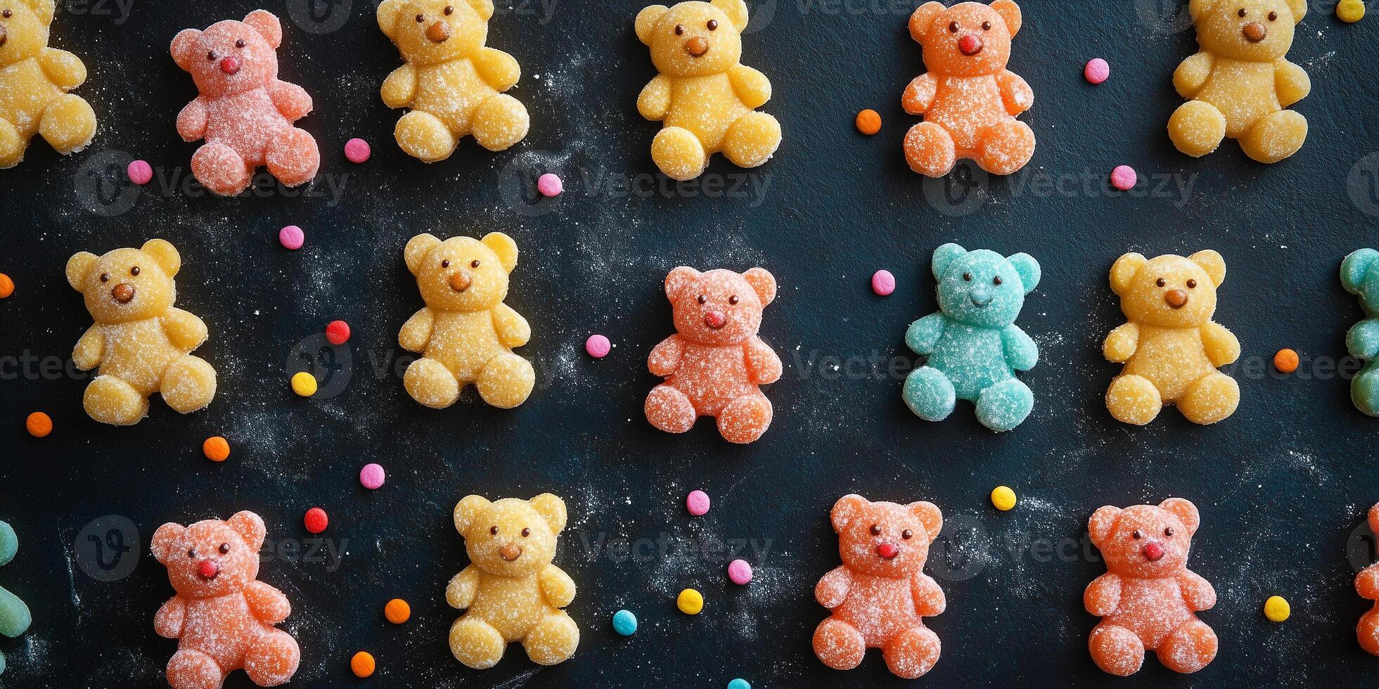 Bear-shaped confections used to create a mosaic pattern on a dark surface photo