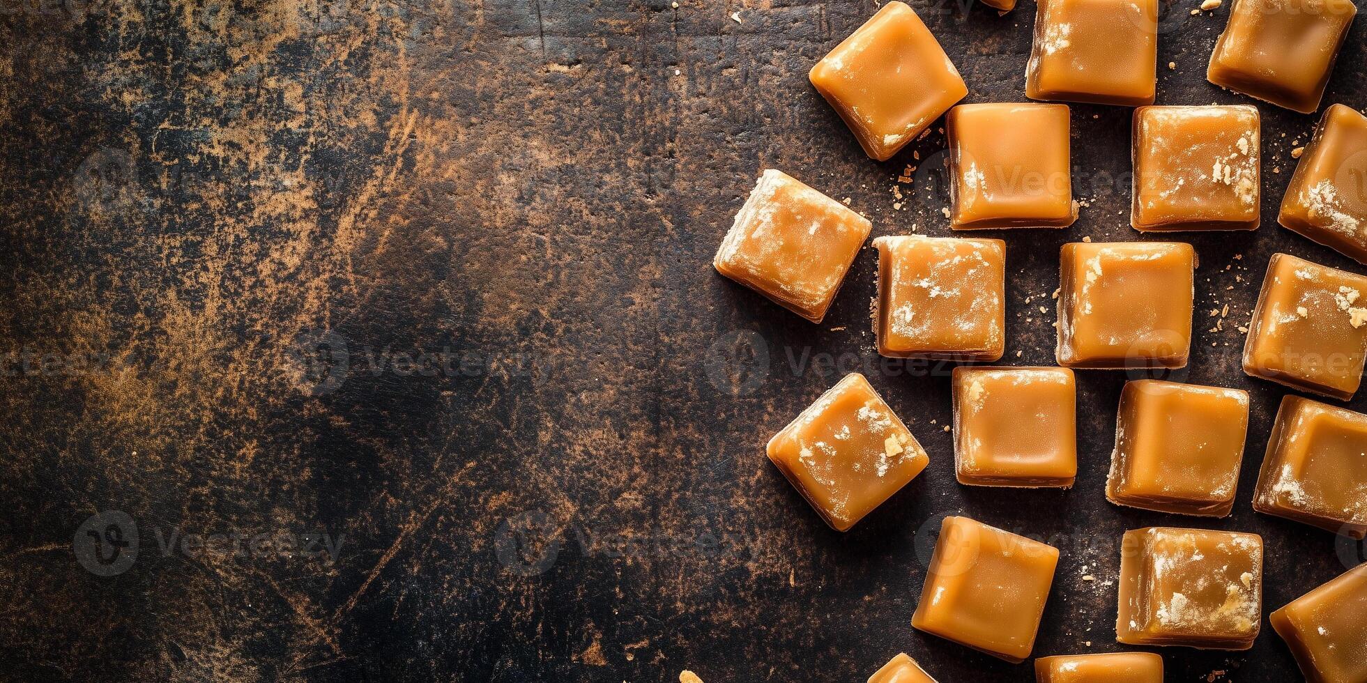 Soft caramel confections arranged to spell out words on a dark background photo