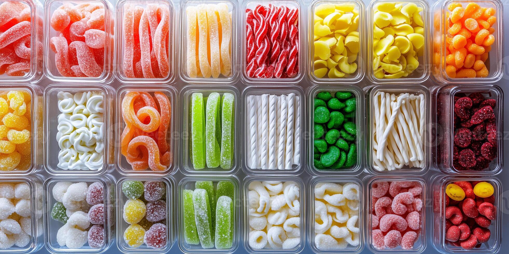 Assortment of rope candies organized by length in clear display case photo