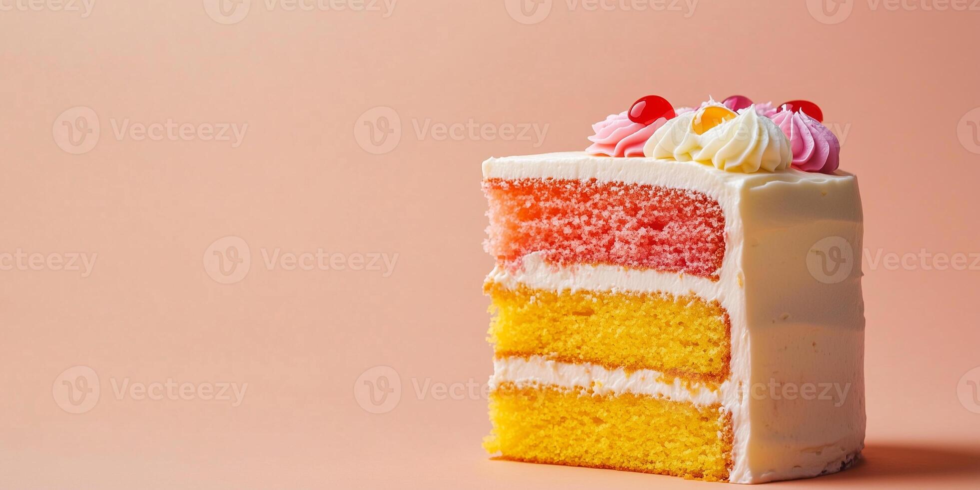 Slice of layer cake at bottom right revealing colorful layers inside photo