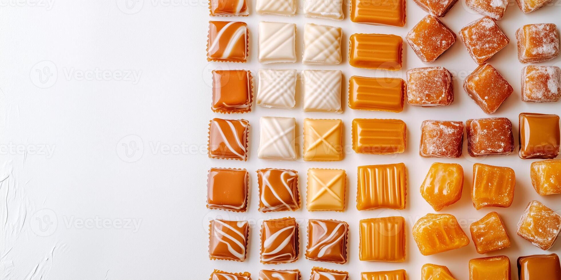 Assortment of caramel chew sweets organized by wrapper design photo