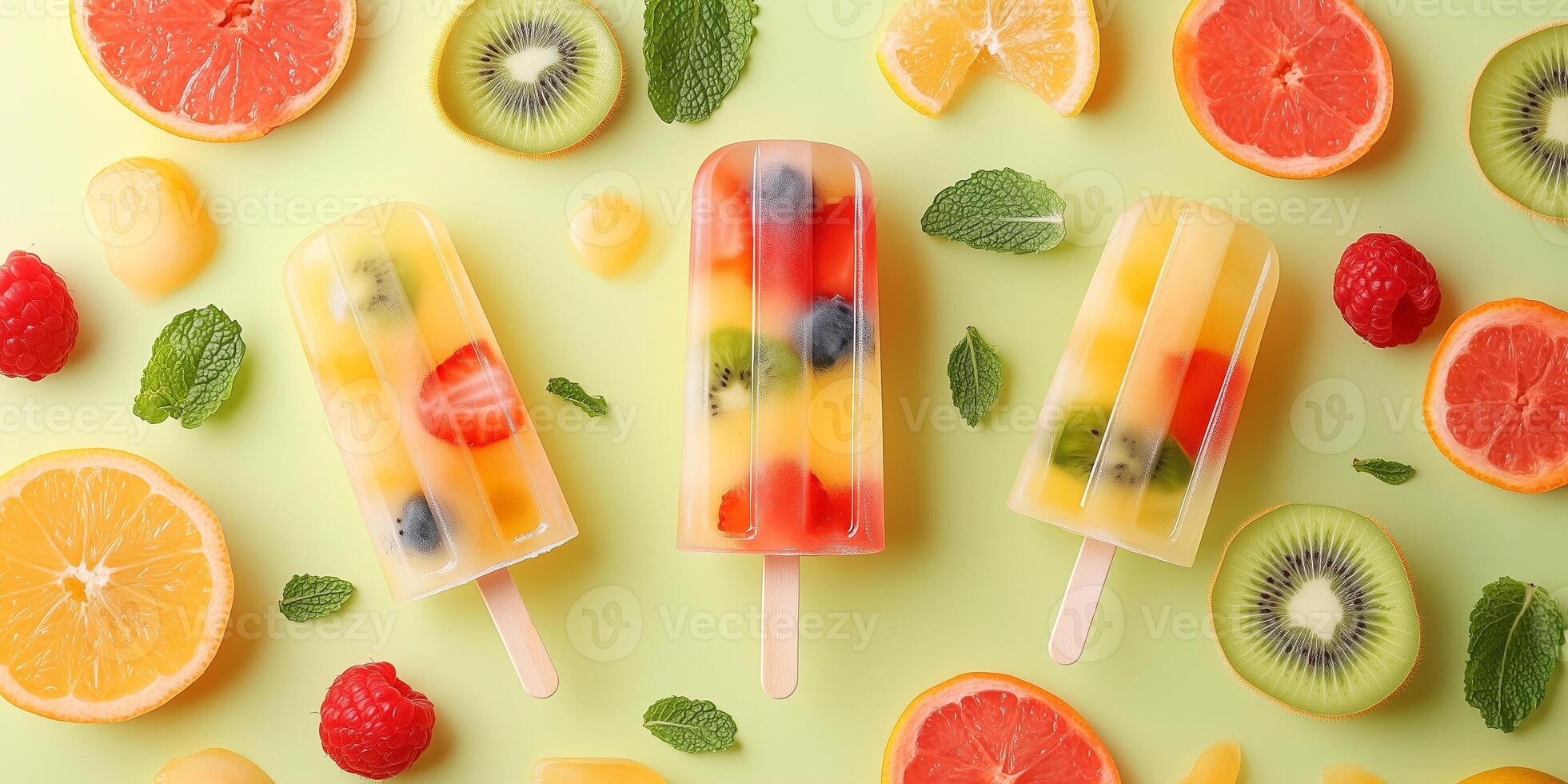 Tropical fruit chunks suspended in clear ice pops on display photo