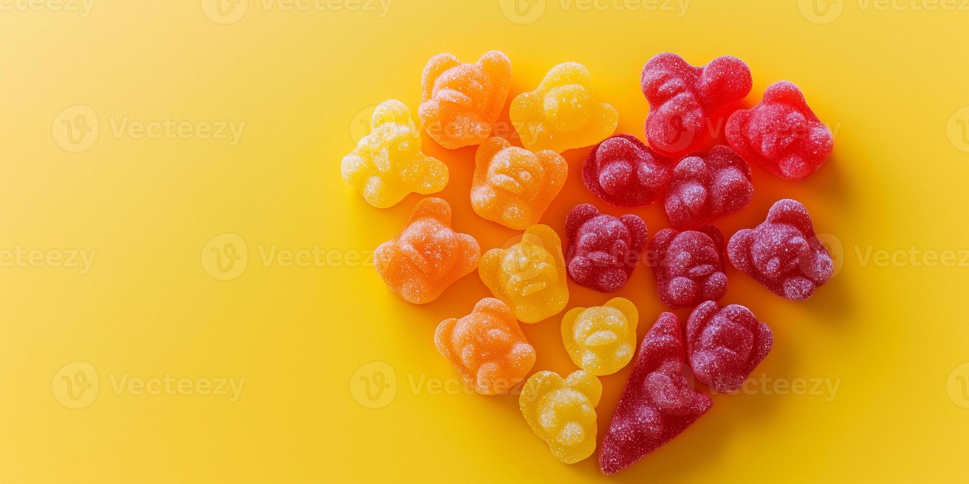 Bear candies arranged in a heart shape on a contrasting background photo