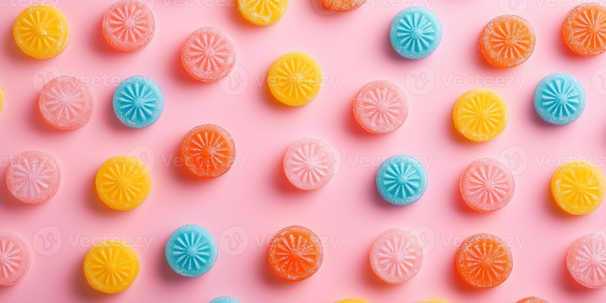 Wheel-shaped candy pieces arranged in overlapping rows on surface photo