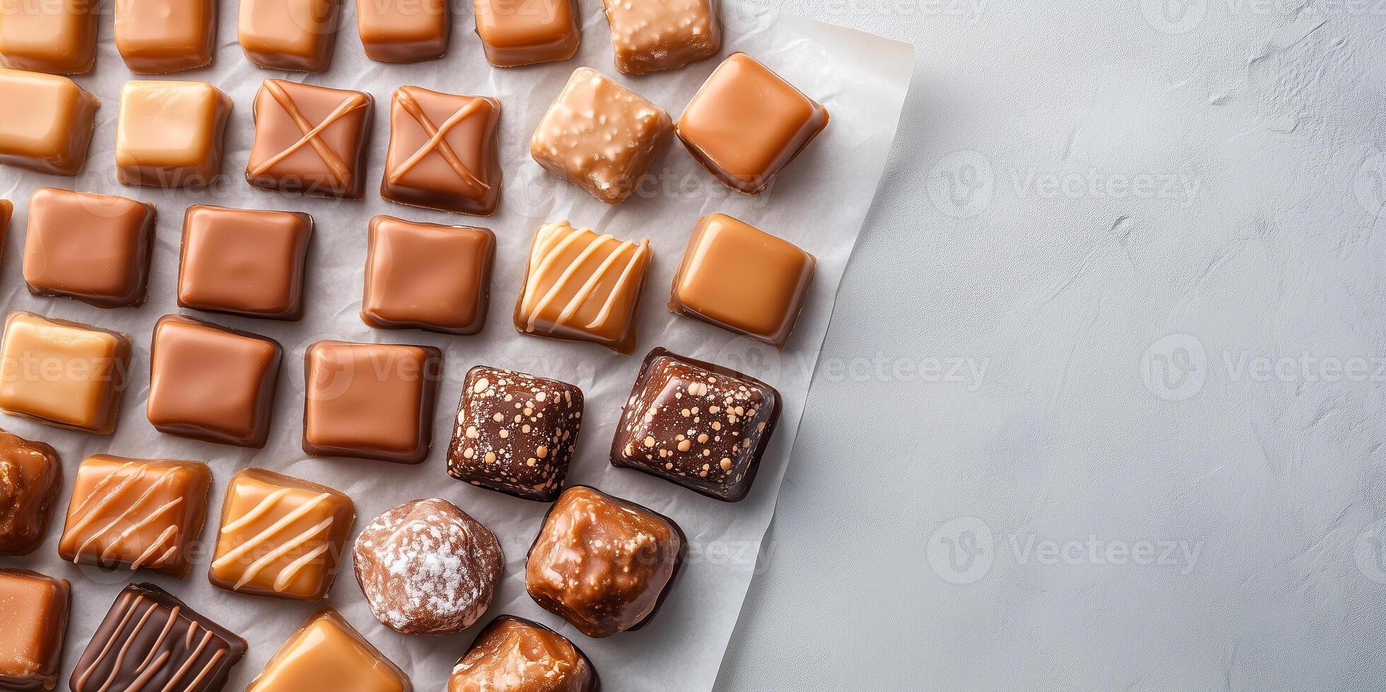 Assortment of soft caramel sweets organized by size on parchment paper photo