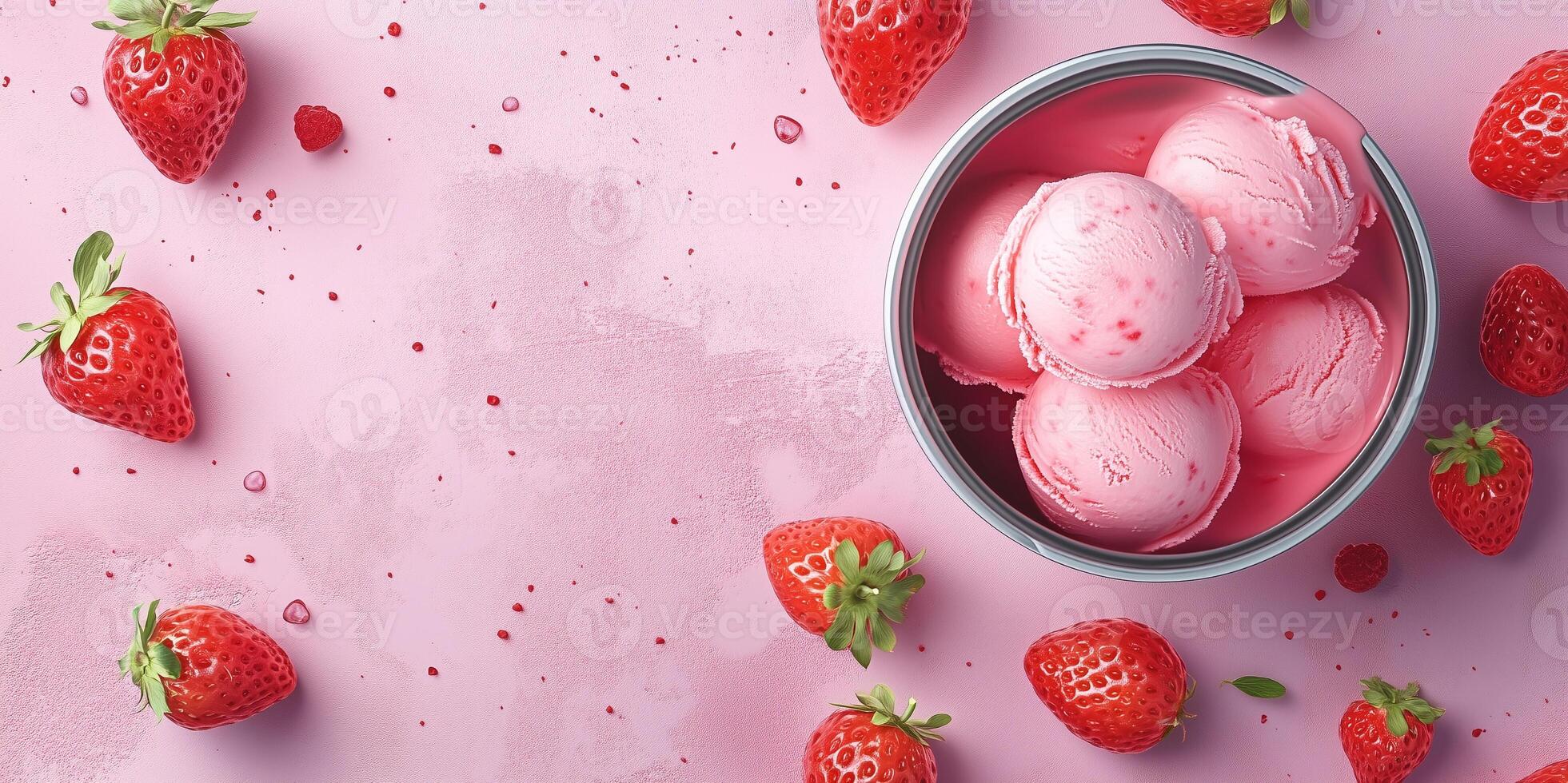 Strawberries arranged around container of pink ice cream on countertop photo