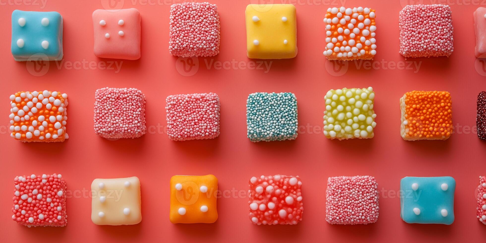 Bite confections arranged to create a pixelated image on surface photo