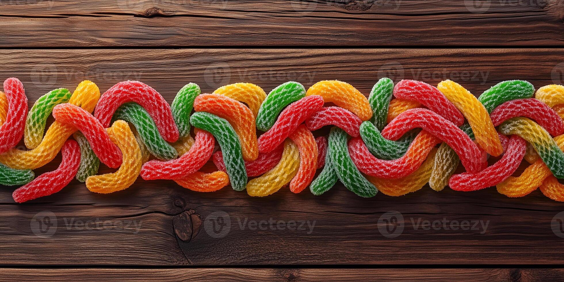 Worm candies intertwined to create a braided pattern on a wooden board photo