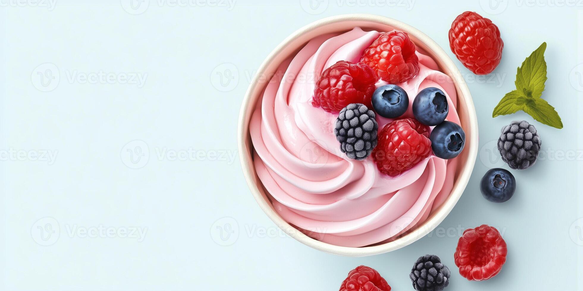Fruit-topped frozen yogurt swirled in paper cup at self-serve station photo