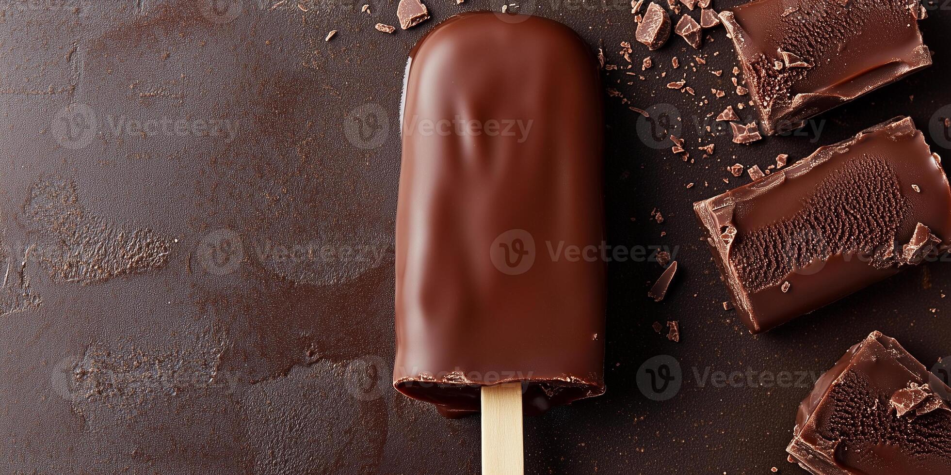 Ice cream bar on stick dipped in chocolate to create outer shell photo