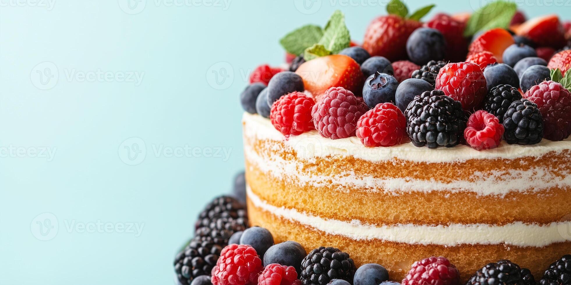 Layer cake at the top right, with fruit garnishes at the bottom edge photo