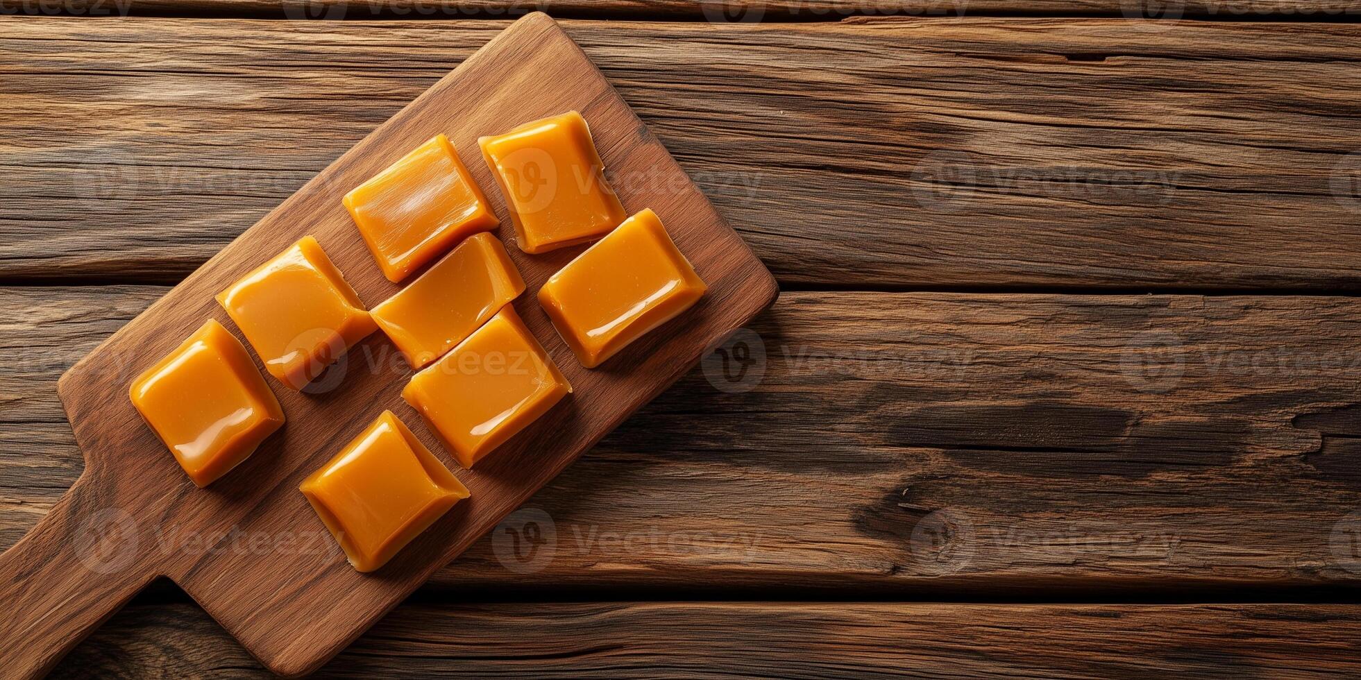 Cross-section of caramel candy revealing stretchy interior on cutting board photo