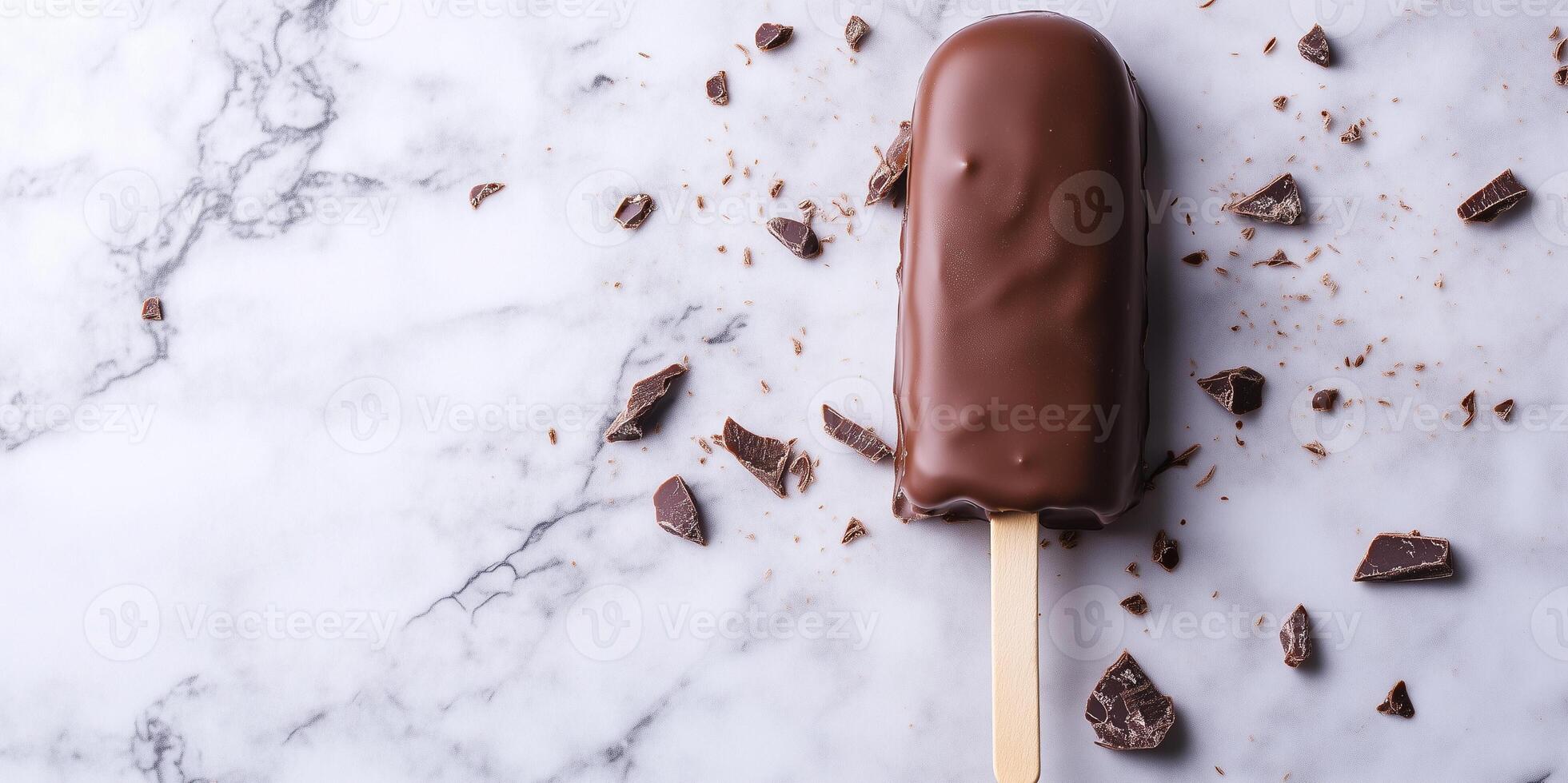 Ice cream bar on stick dipped in chocolate to create outer shell photo