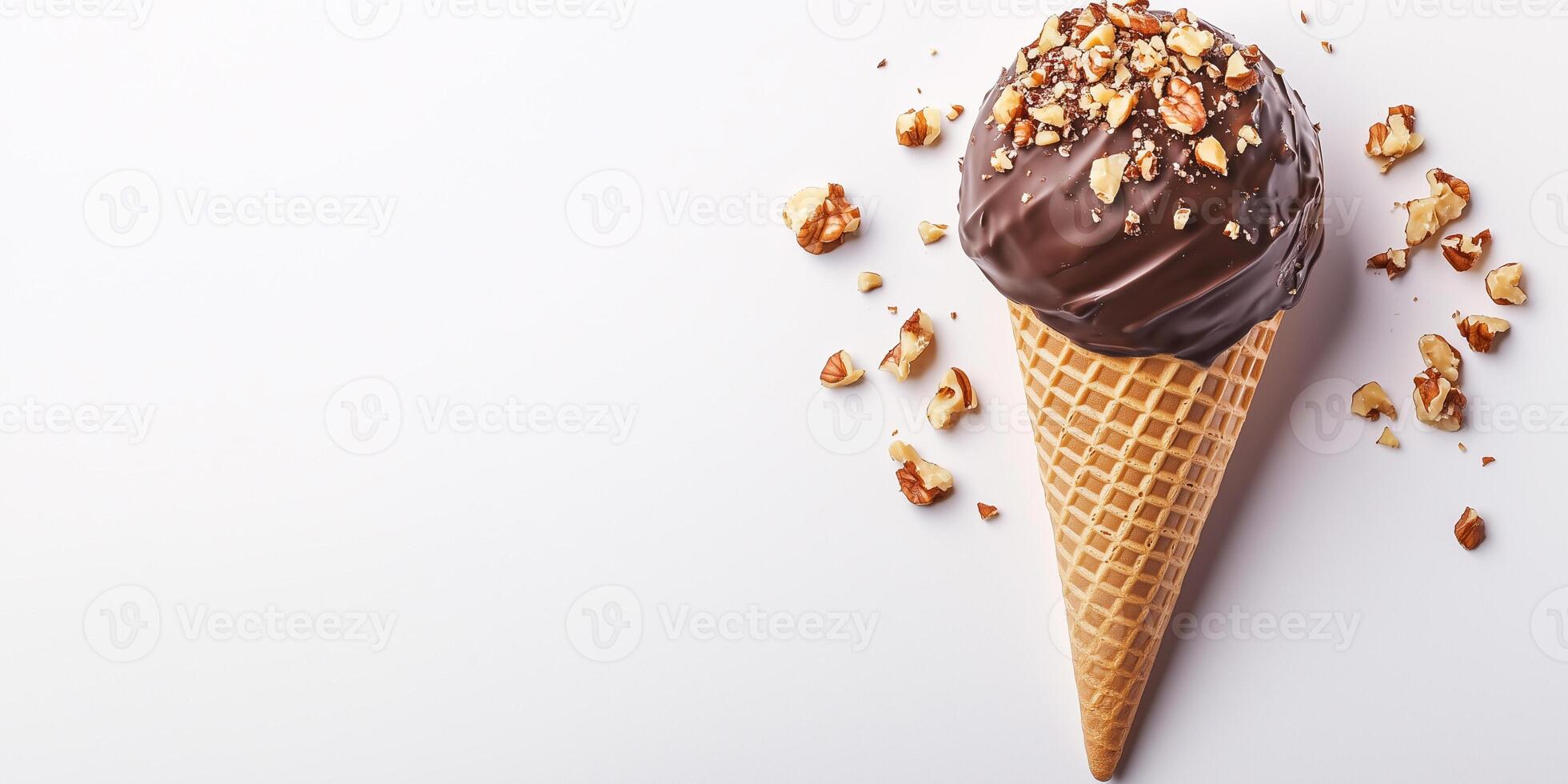 Ice cream cone hand-dipped in chocolate and rolled in nuts photo
