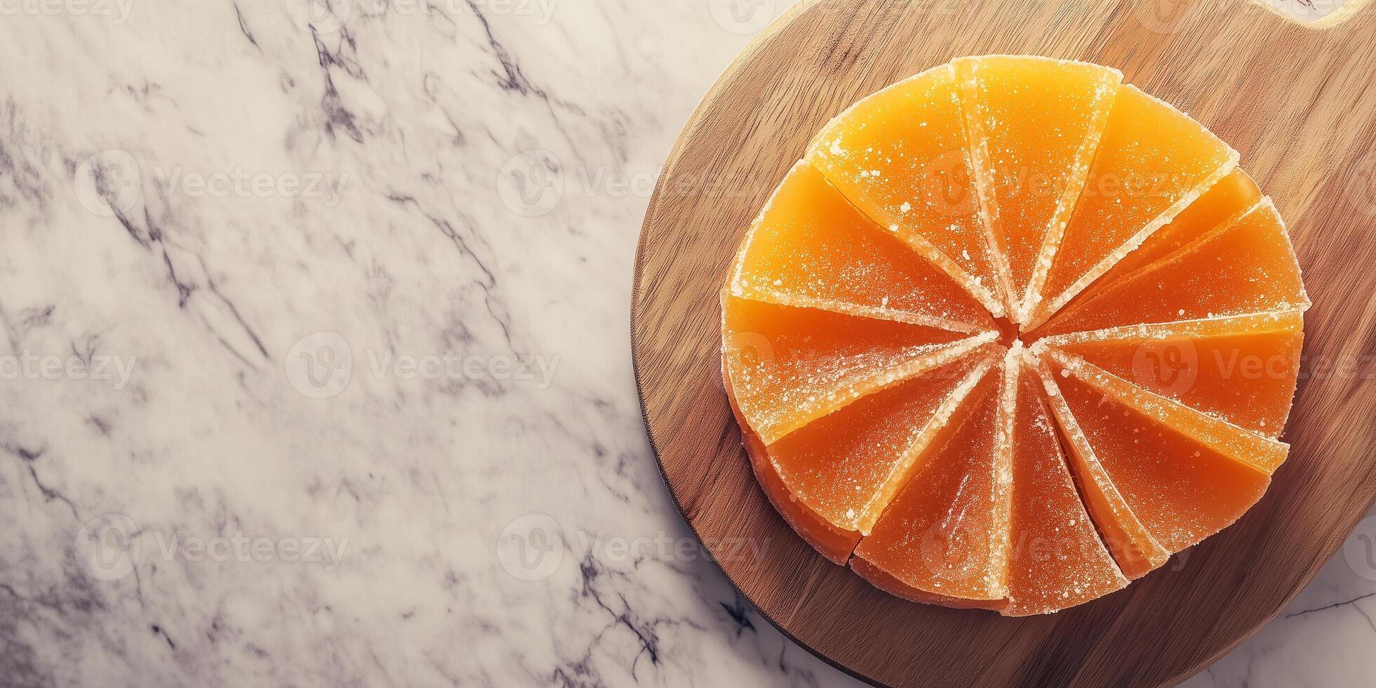 Cross-section of wheel candy revealing inner texture on cutting board photo