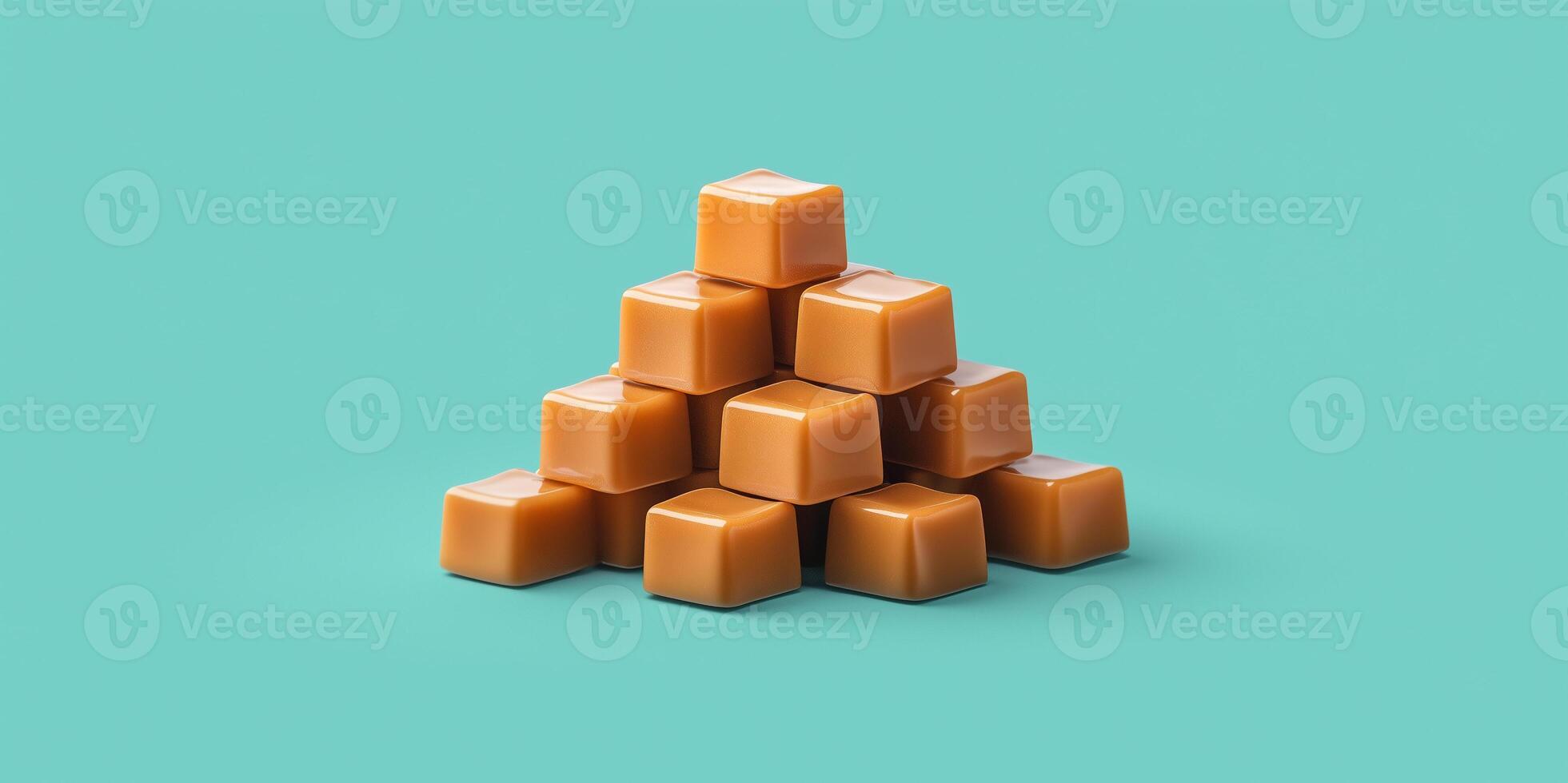 Unwrapped caramel chew confections stacked to form a small pyramid photo