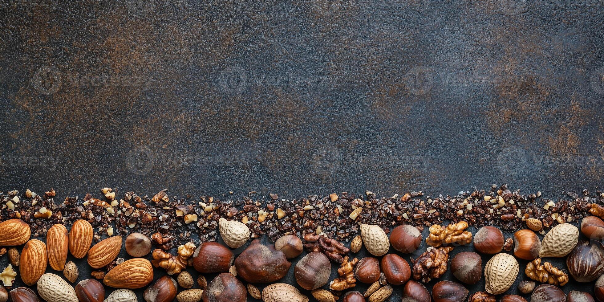 Variety of nuts arranged along the bottom edge, creating a textured border photo