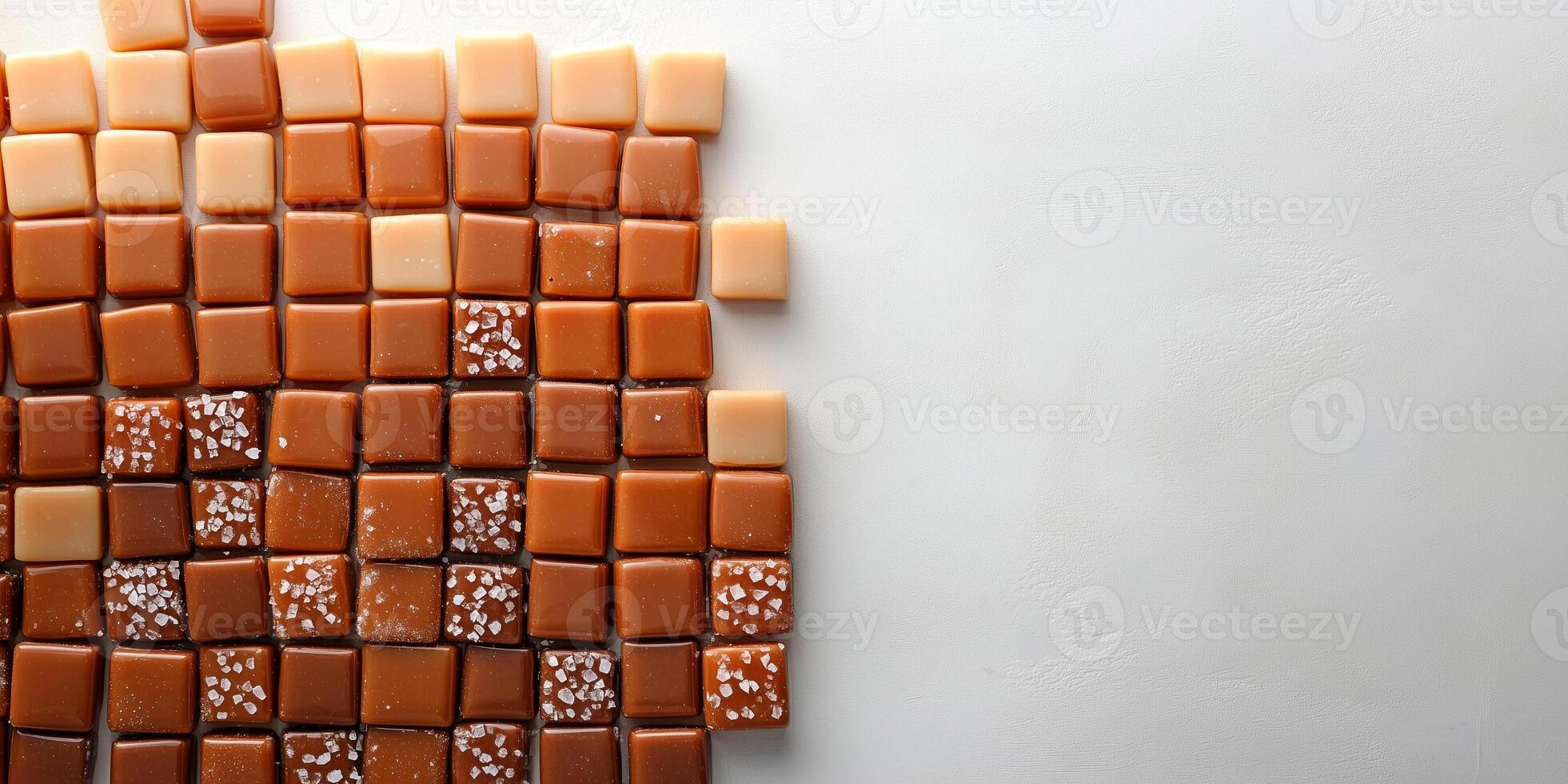 Assortment of sea salt caramel sweets organized in a gradient pattern photo
