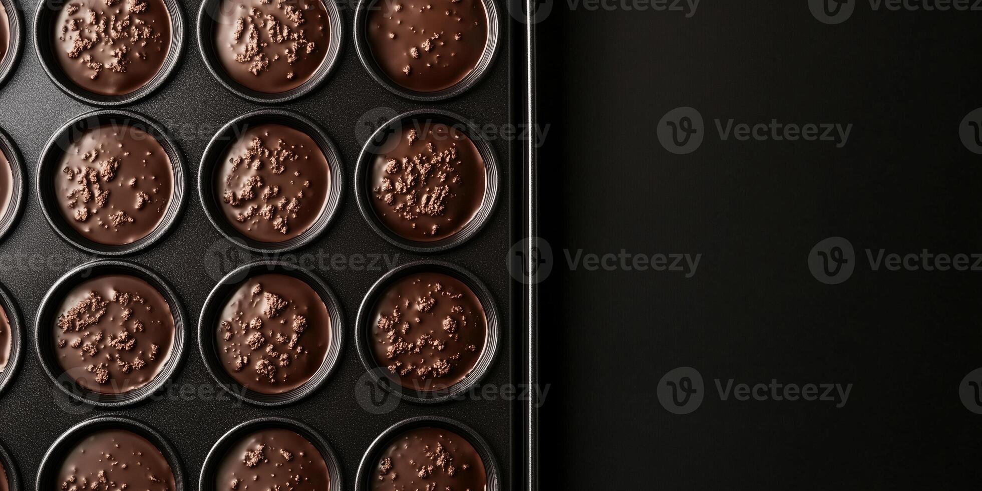 Chocolate discs in molds on a baking sheet in an oven photo