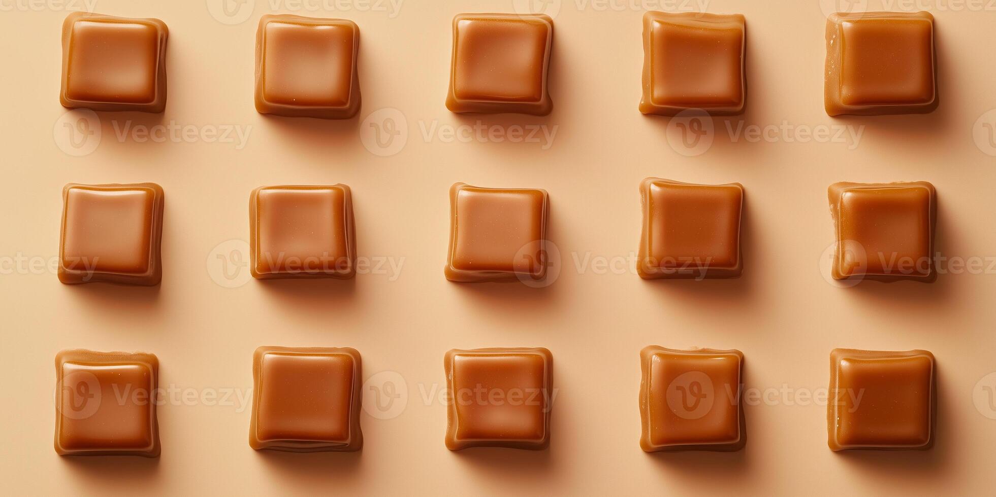 Caramel confections arranged in a grid formation on plain background photo