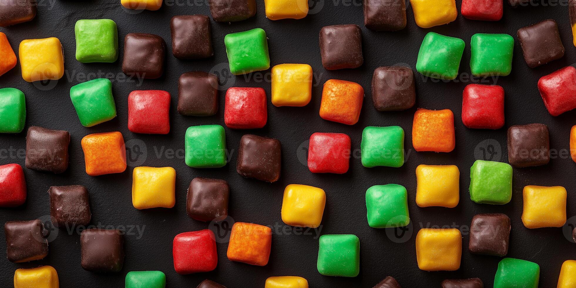 Bite confections arranged to create a pixelated image on surface photo