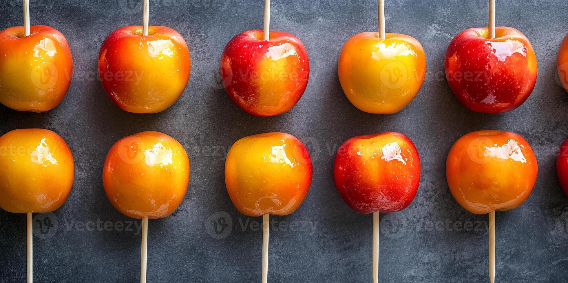 Butter toffee coating apples on sticks in rows photo