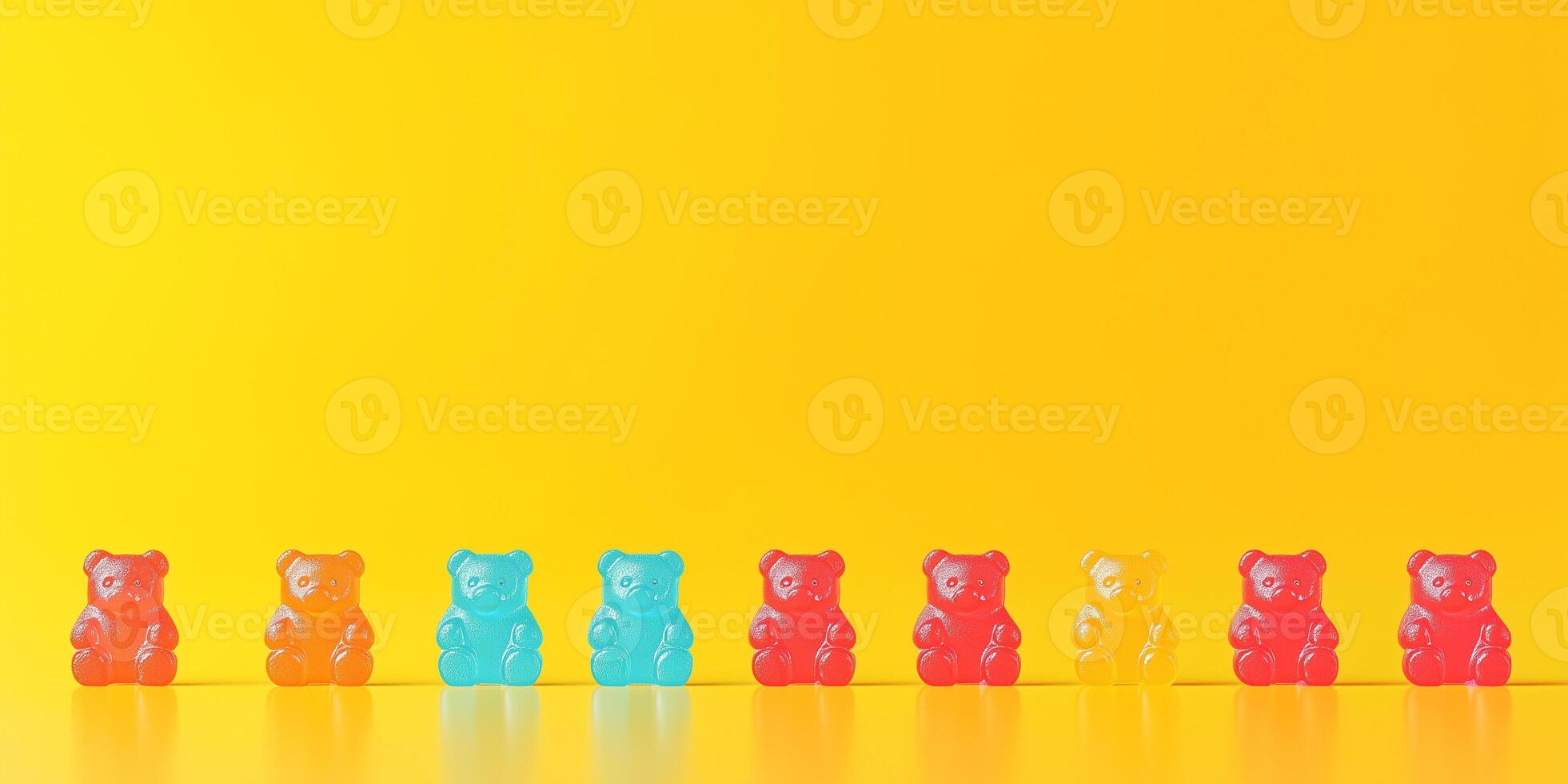 Candy pieces shaped like miniature bears lined up in rows on a surface photo